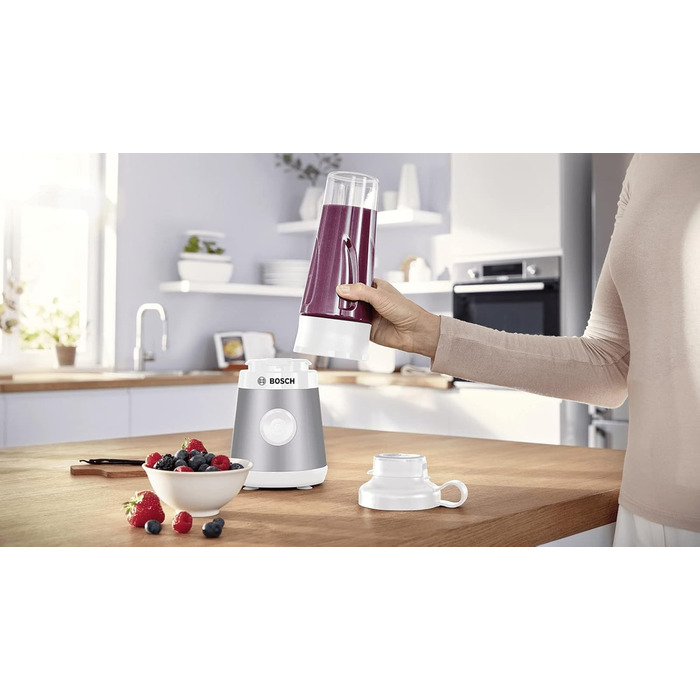 Блендер Bosch VitaPower Serie 2 MMB2111T 450 Вт, міні шейкер до 40 000 об/хв, сріблястий, з пляшкою ToGo 0,6 л, ударостійка, комплект для смузі