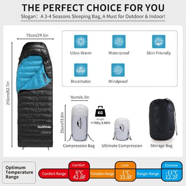 Спальний мішок Naturehike 4 сезони, чорний, для кемпінгу та подорожей