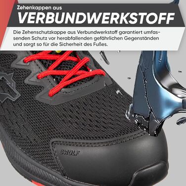 Робочі черевики BWOLF Fly S1PS: безпека, комфорт, ESD, Kevlar, захист від проколів, протиковзаюча EVA підошва, чорно-червоні