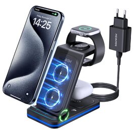 Зарядний стан для iPhone, Apple Watch та AirPods 3-в-1, сумісний з iPhone 17/16/15/14/13/12/11/X, Apple Watch Series 11-2, AirPods 4/3/2/Pro, чорний
