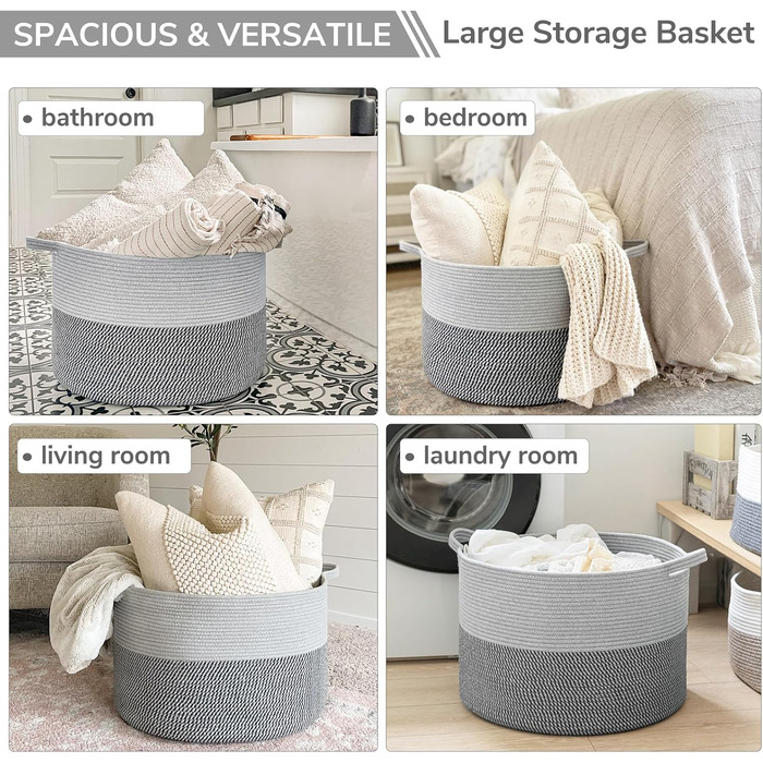 TIMEYARD XXL Large Laundry Basket, Storage Basket, Kids' Room Storage Basket, Kids' Laundry Basket, Basket for Blankets, Baby Toys, Woven Basket, 55x35cm, Grey