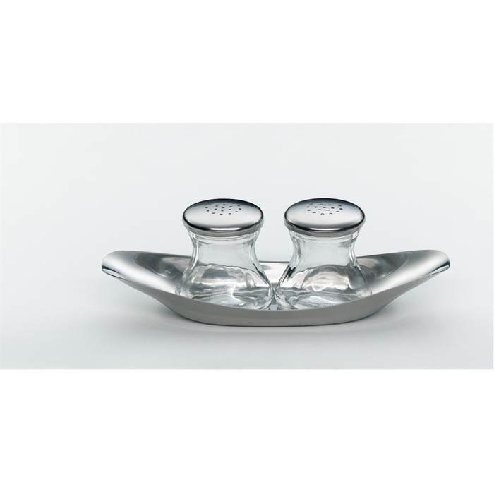 WMF Wagenfeld Shaker Set, 3-piece, Max and Moritz, shaker with plate, salt shaker, pepper shaker, glass, brushed Cromargan stainless steel, dishwasher safe