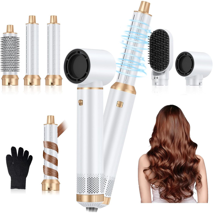 OKWRAP Hair Styler Set 5 в 1: Фен-щітка, плойка для локонів, об'єм, випрямлення. Білий сірий колір