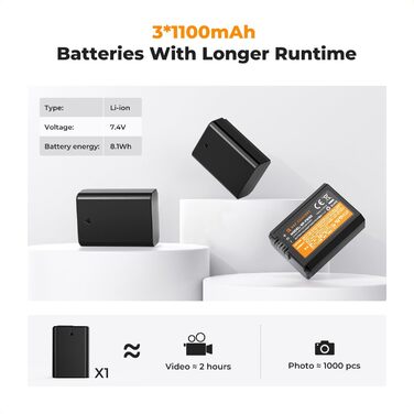 Акумулятор K&F Concept NP-FW50 1100mAh (3 шт.) з трьохслотним LCD зарядним пристроєм для Sony ZV-E10, Alpha A6000, A6300, A6400, A6500, A5000, A5100, a7, a7II, a7R, a7RII, a7S, a7SII