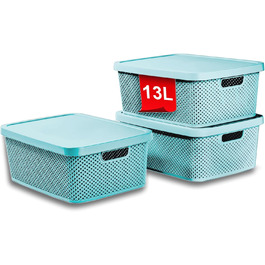PREMIUM 3-Piece XXL Storage Box Set with Lid Organizer - Ideal for Office, Closet, Wardrobe, Kitchen & Household (3-Piece Set 13 Liters, Aquamarine)