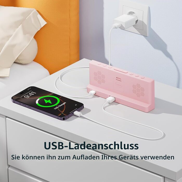 Цифровий будильник LATEC з 2 сигналами, функцією Snooze та USB-портом, 4 рівні яскравості, регулювання гучності, мережеве живлення (Рожевий)
