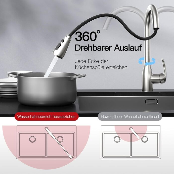 Кухонний змішувач Rainsworth з висувною лійкою та душем, високопродуктивний, з двома типами струменя, поворотний на 360°, з нержавіючої сталі, проста установка, висота 56 см