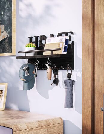 Дерев'яне ключниця-органайзер на стіну з полицею, 7 гачків, чорний, для дому