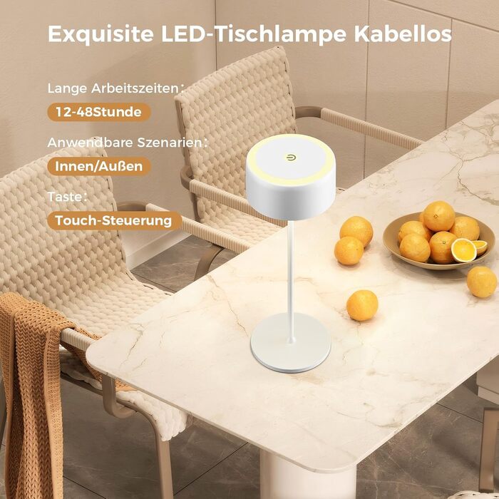 Бездротова LED-лампа TYEE настільна з регулюванням яскравості, акумуляторна, тепле світло 2200-3000K, USB-C, водонепроникна IP54, алюміній, 2 шт.