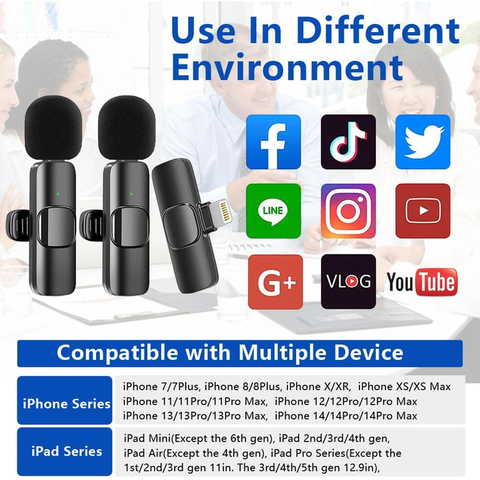 Беспроводной петличный микрофон 2St для iPhone/iPad: Plug-and-Play, шумоподавление, для видеоблогинга, YouTube, TikTok (2 шт.)
