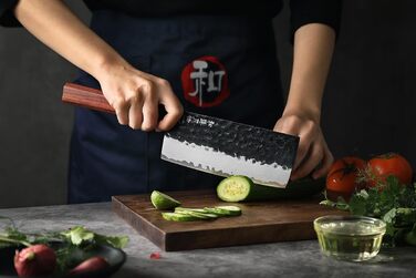 Ніж кухарський Santoku HEZHEN 18,5 см, сталь Дамаск, японський стиль Gyuto, дерев'яна рукоятка