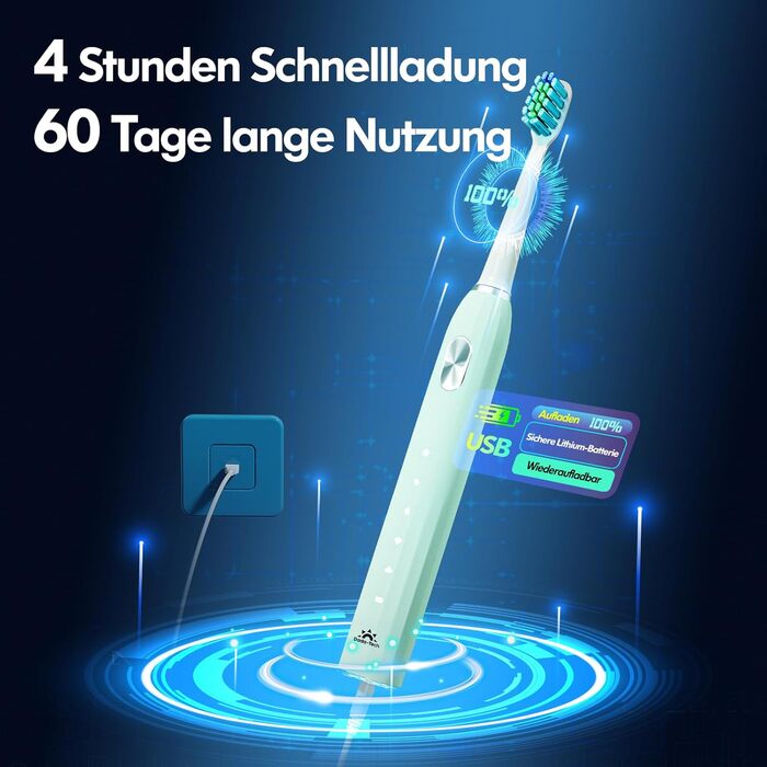 Електрична звукова зубна щітка для дорослих і дітей з 5 режимами чищення, таймером та 9 насадками (синя/зелена)