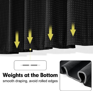 Шторка для душу Waffel 183x198 см - текстильна, поліестер, з магнітною стрічкою та 12 кільцями, непрозора та водонепроникна для ванної кімнати (Чорний, 183x198 см)