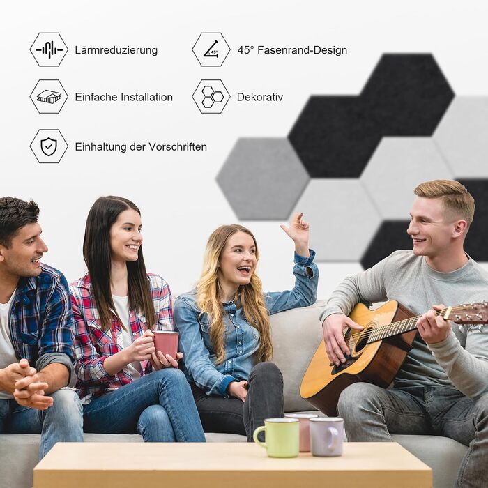 Акустичні гексагональні панелі самоклейні для звукоізоляції стін та дверей, 1.4м², 36 шт, чорні (230кг/м³, NRC 0.95, 100% поліестер)