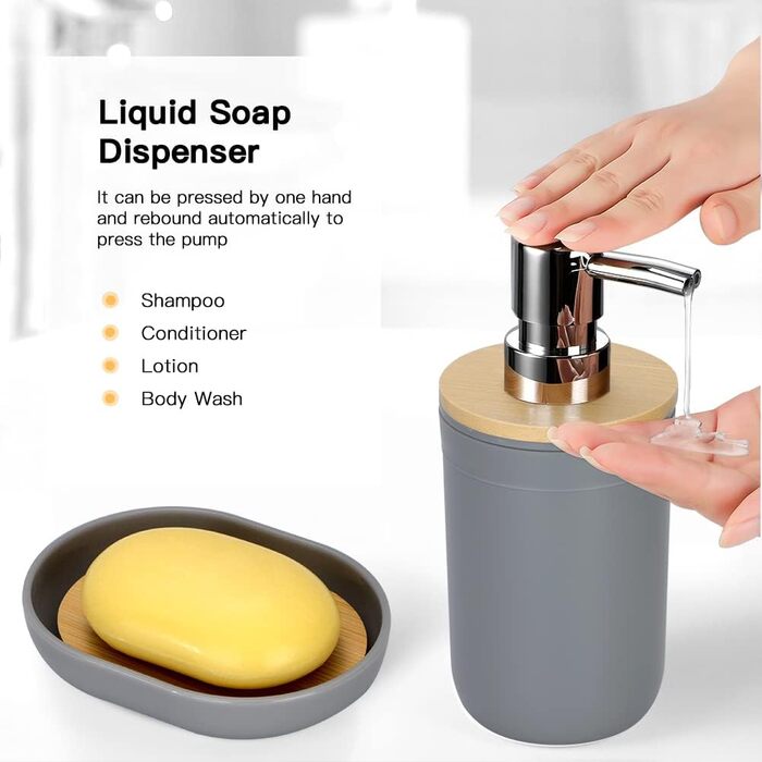 Набір аксесуарів для ванної кімнати Otostar Bambus Grey: мильниця, тримач для зубних щіток, дозатор мила, контейнер для ватних паличок, тримач для туалетного паперу, сміттєвий бак (6 шт.)