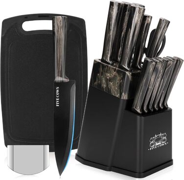 Набір кухонних ножів Messerblock з 16 предметів, з дощечкою, захистом пальців, точилкою та кухонними ножицями, професійний набір для дому (зелений, чорний)