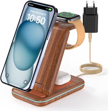 Бездротовий зарядний пристрій JoyGeek 3-в-1 для iPhone, Apple Watch, AirPods (з текстурою дерева)