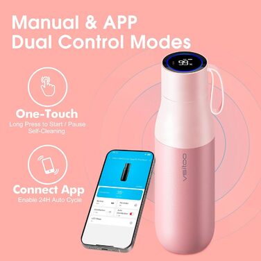 Розумна пляшка-термос VSITOO Mini-Smart 425 мл з самоочищенням, біла (рожевий акцент), з додатком та сенсорним екраном для спорту, офісу, подорожей