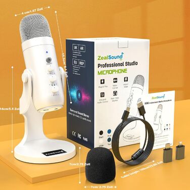 Zealsound USB мікрофон K66 Pearly White: для стрімінгу, геймінгу, YouTube, ASMR, вокалу. З шумозаглушенням, Mute, регулюванням Gain. Сумісний з PC, Mac, iPhone, Android, PS4/PS5