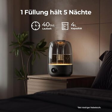 Зволожувач повітря Homvana 4L з верхнім наповненням, охолоджувальний туман, 40 годин роботи, дифузор, для дитячої кімнати, рослин, не містить BPA, ароматерапія (чорний)