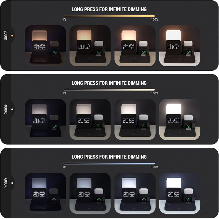 Бездротовий зарядний пристрій COLSUR 3 в 1: зарядка, нічник, будильник. Підходить для iPhone 16/15/14/13/12/11/X/8 Pro Max/Mini/Plus (Чорний)