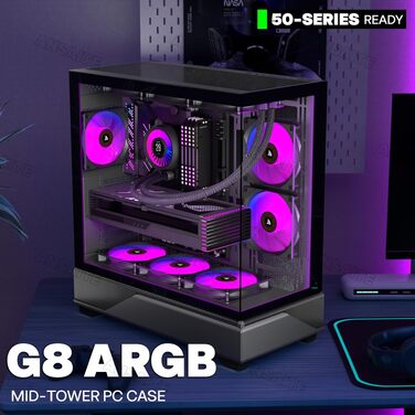 Ігровий корпус для ПК ANSAITE ATX Mid-Tower, 6 ARGB PWM вентиляторів, панорамне загартоване скло, USB Type-C, підтримка радіатора 360мм, чорний/фіолетовий