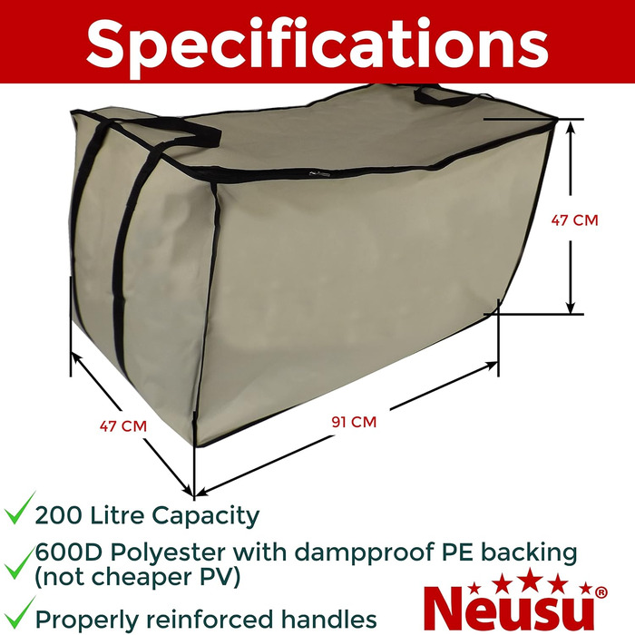 Neusu XXL сумка для зберігання 200 л, 91x47x47 см, міцна 600D, для постільної білизни, одягу, подорожей, до 50 кг, захист від бруду і плісняви, бежева