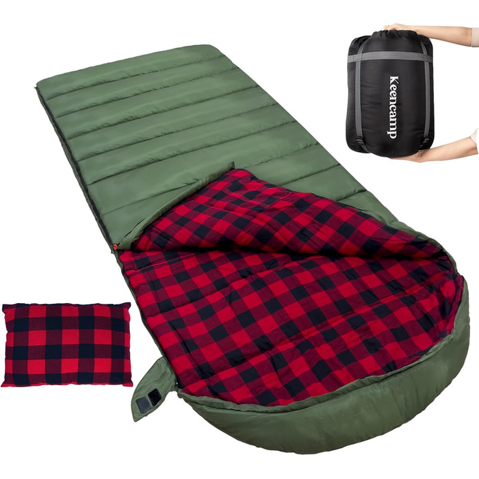 Спальний мішок Keencamp Flanell Warmer для кемпінгу та відпочинку на природі - 3-4 сезони, бавовняна підкладка, до -1°C, XXL, 230x90 см (Olive-L-Zip)