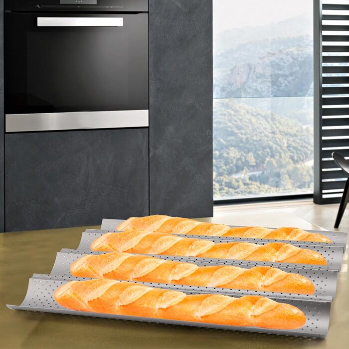 SYUTBOU 3-Piece Baguette Baking Pan, 4-Cavity, 38 x 33 x 2.4 cm Carbon Steel Baking Sheet for Baguettes, 4-Mold Baguette Pan with Non-Stick Coating, Baguette Pan Bread Mold Baguette Pan for 4 Baguettes