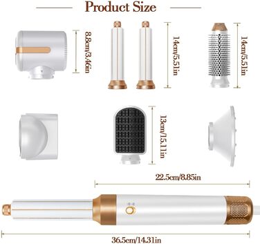 Фен-щітка Air Styler 7 в 1: 7 насадок для укладки волосся, включаючи щітку, плойку, насадку для локонів, диффузор та концентрат, для дому та подорожей (білий)