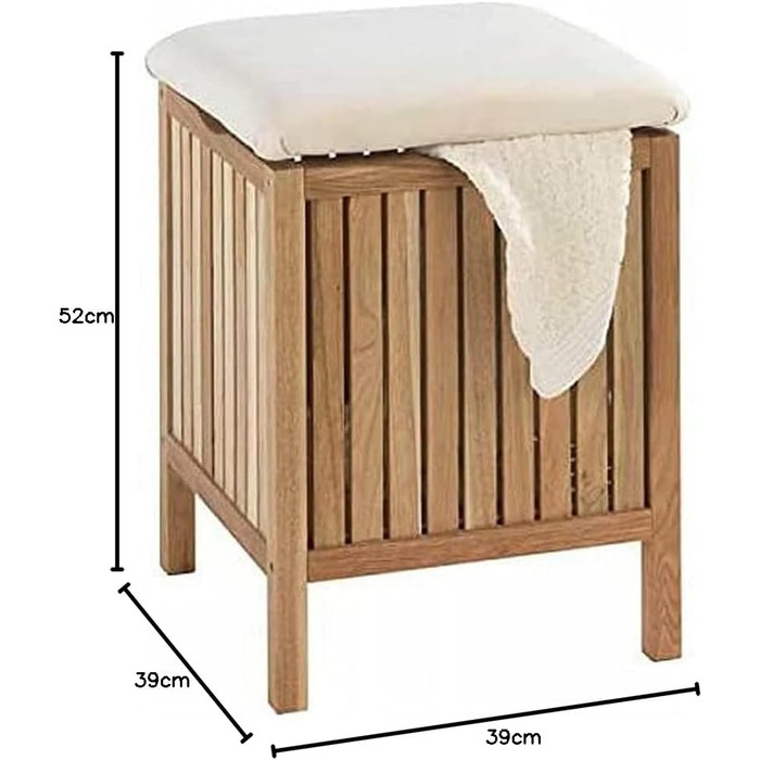 WENKO Badhocker Norway with Laundry Hamper, Storage Bench with Upholstered and Flip-Up Seat as Lid, Solid Walnut Wood, Oiled, Capacity 65 L, (W x H x D): 39 x 52 x 39 cm, Natural