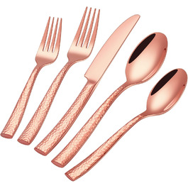 30-Piece Flatware Set, 6 People, Roségold, Thickened Stainless Steel Cutlery Set with Hammered Handle, Dinner Cutlery Set with Knife, Fork, Spoon, Mirror Polished, Dishwasher Safe
