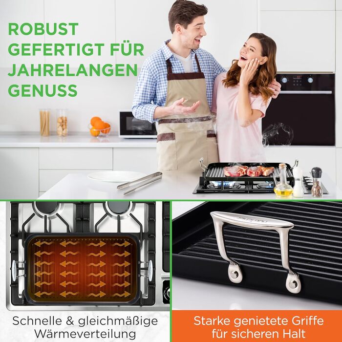 Чавунна сковорода гриль NutriChef 28 см з антипригарним рифленим покриттям для газової плити, індукції та духовки