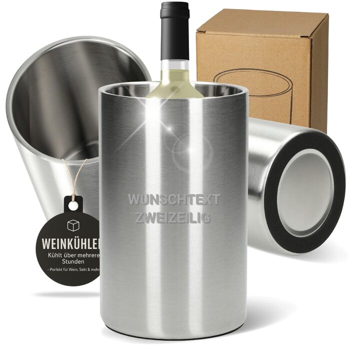 Персоналізований охолоджувач для пляшок 'Chill' - двостінний охолоджувач для вина з нержавіючої сталі - охолоджувач для вина, шампанського, пива - подарунок для поціновувачів вина, друзів, батьків, колір: срібло + індивідуальний текст