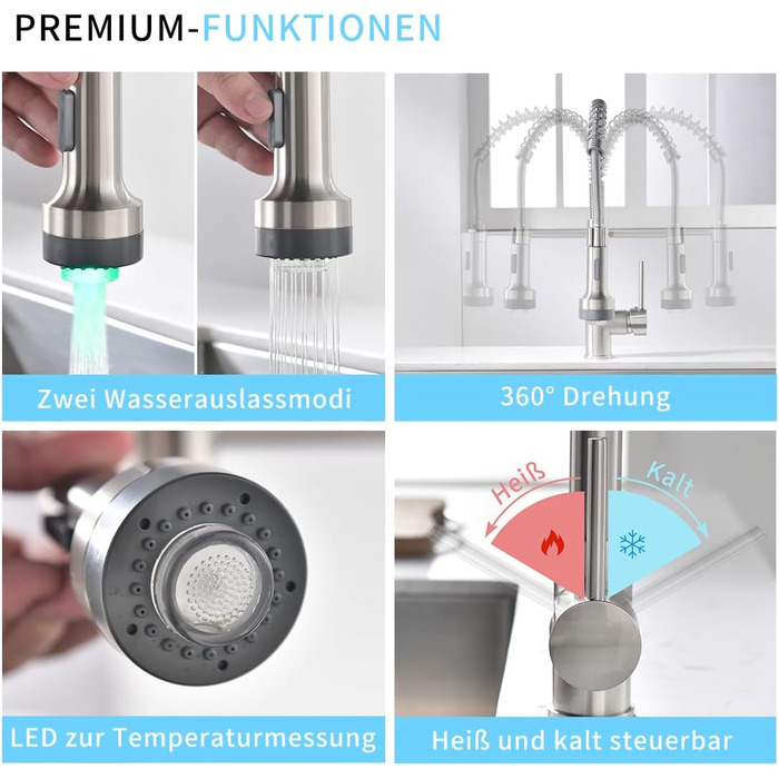 Кухонний змішувач AIMADI висувний, високотискний, з 2 режимами (струя та розпилення), поворотний на 360°, однорідний, для кухонної мийки (з нержавіючої сталі)