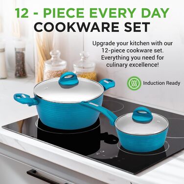 NutriChef Professional 12-Piece Nonstick Cookware Set – PFOA/PFOS-Free, Heat-Resistant Coating, Elegant Design, Pots and Pans in Various Sizes, Teal/Gray/Green