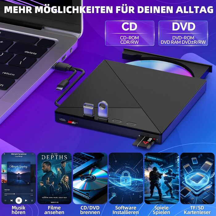 Зовнішній CD/DVD привід та записувач USB-C & USB-A з картридером TF/SD для ноутбука, Windows, Mac OS, Linux