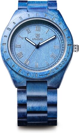 Чоловічий дерев'яний годинник Uwood серії Uw1001blue: ручна робота, кварцовий механізм, аналоговий циферблат, римські цифри, сандалове дерево, вінтажний стиль