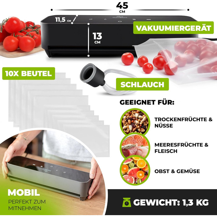 Вакуумний пакувальник SEALWAVE для продуктів харчування: потужний, широкий зварювальний шов, тихий та ефективний, універсальний (для вологих та сухих продуктів), легке очищення, з 10 безкоштовними пакетами