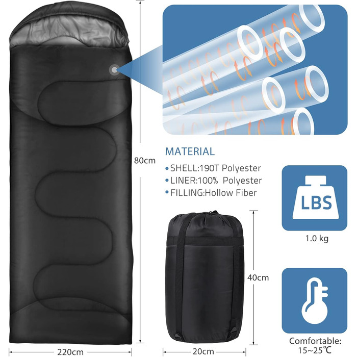 Спальний мішок Outdoor для кемпінгу 3 сезони, дорослий, 2 в 1, теплий, легкий, водонепроникний, для подорожей, хайкінгу та туризму, чорний