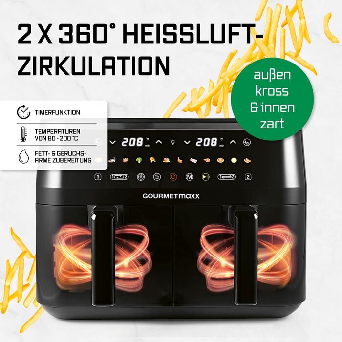 Фритюрниця готує без олії GOURMETmaxx 9л (2x4,5л) з цифровим дисплеєм, таймером та захистом від перегріву, чорна