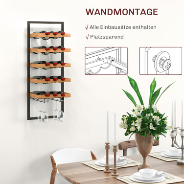 HOMCOM Wall-Mounted Wine Rack with 5 Tiers, Stackable Wine Bottle Holder, Wine Stand for 15 Bottles and 4 Glasses, Pine Wood, Steel, for Kitchen, Dining Room, Bar, Brown | Aosom