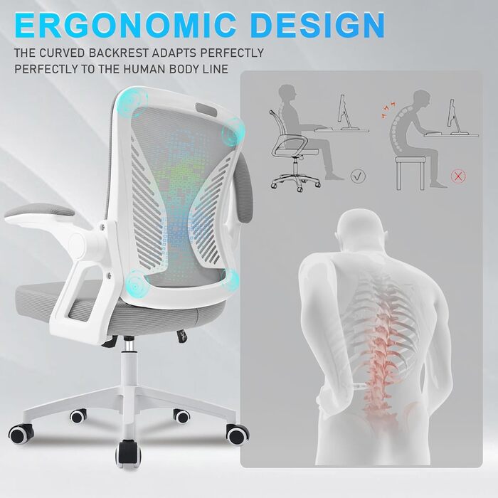 Офісний стіл з регульованими підлокітниками, ергономічний стілець з сітчастою спинкою, підтримка попереку, регульована висота, м'яке сидіння, обертовий на 360°, сірий