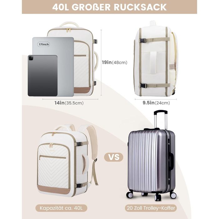 LOVEVOOK Рюкзак для ручної поклажі, 40L, жіночий, для подорожей, великий, водонепроникний, з відділенням для ноутбука 17 дюймів, валіза-рюкзак, для подорожей, роботи, бізнесу, білий, кофейний колір