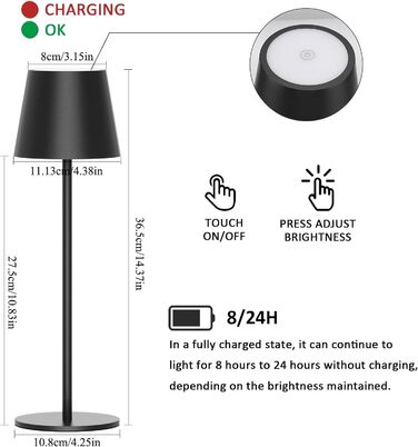 LED настільна лампа K-Bright з регулюванням яскравості, акумуляторна, бездротова, 3000K/4000K/6000K, 3 колірні температури, USB-C, IP54, чорна
