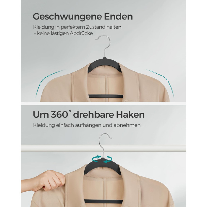 Набір вішалок для одягу SONGMICS, 50 шт., чорного кольору, з неслизьким покриттям, для штанів та одягу, 360° обертання, 43 см, 0,6 см товщина