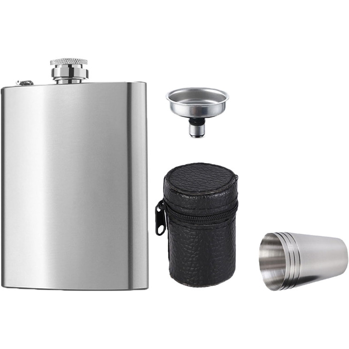 Фляга з воронкою та 4 маленькими чашками Zixrmor 1X304, 8oz (227 мл), з нержавіючої сталі, срібна