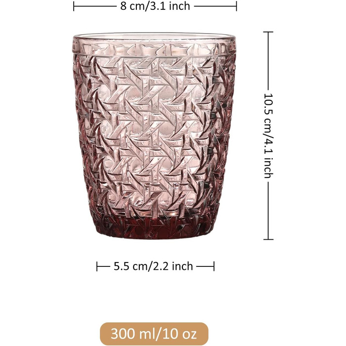 Joeyan 300ml Rosa Wassergläser Vintage, Colored Drinking Glasses with Embossed Design, Colored Glasses Set of 6, Dishwasher Safe