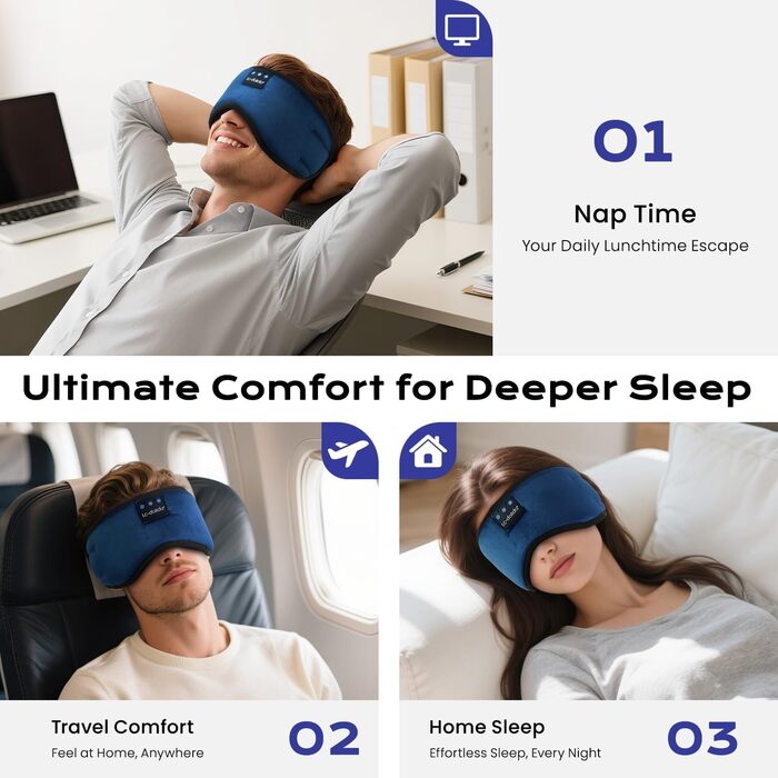 3D Маска для сну з навушниками Bluetooth Dolida (синя) - повна блокада світла, комфортний сон, для подорожей