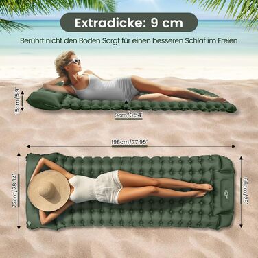 Каремат самонадувний туристичний Tuocal Isomatte, 9 см, з подушкою, з насосом, антиковзаюча поверхня, для кемпінгу, відпочинку на природі, подорожей, намету (армійний зелений)